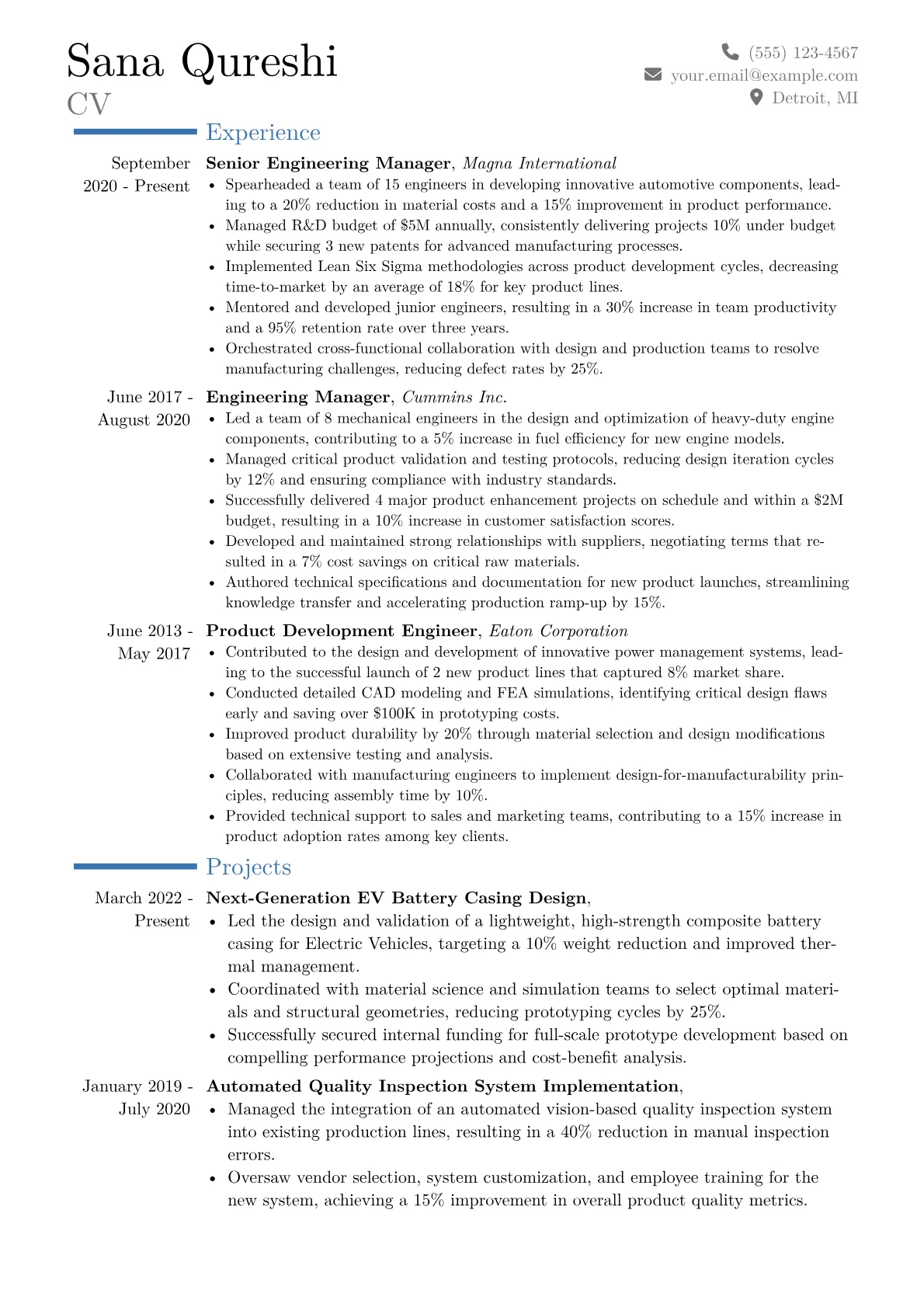 Engineering Manager (Non-Software) Resume Example CV template - Page 1
