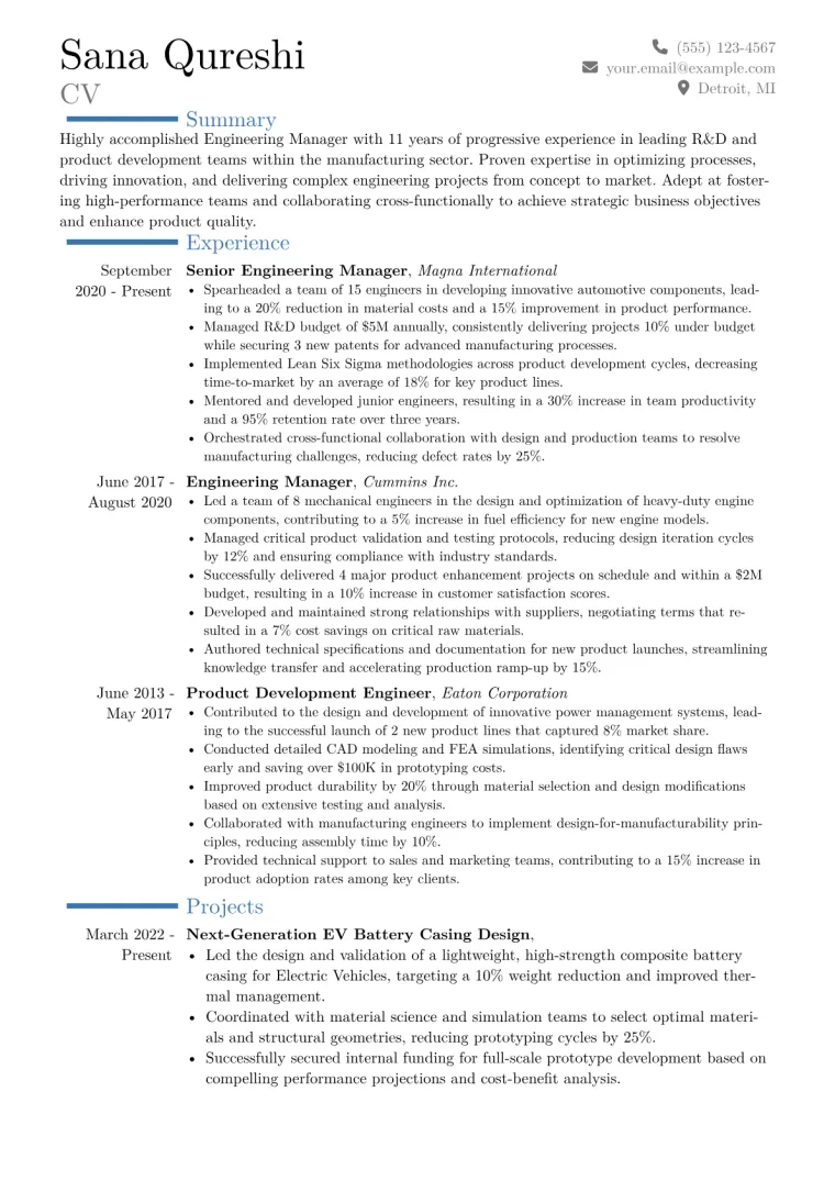 Engineering Manager (Non-Software) Resume Example CV template preview