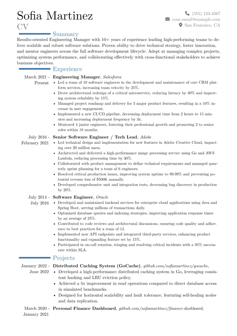 Engineering Manager Resume Example CV template preview