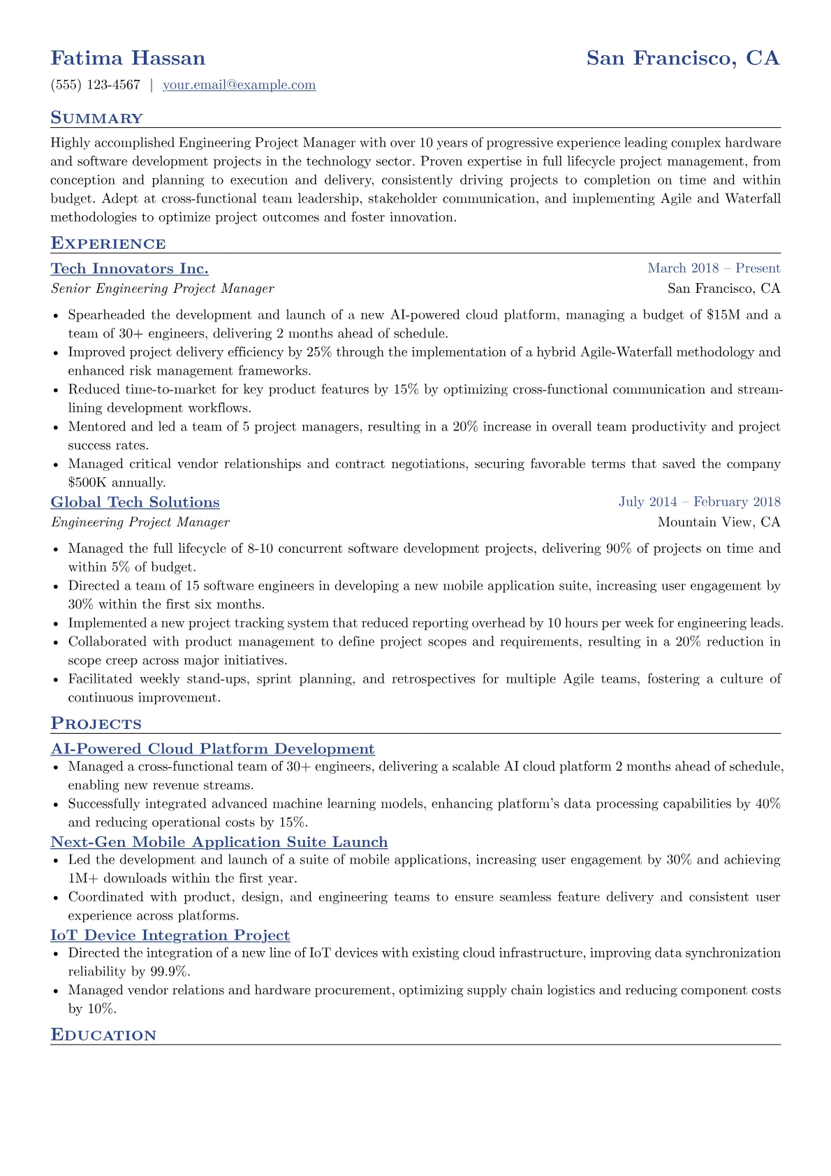 Engineering Project Manager Resume Example CV template - Page 1