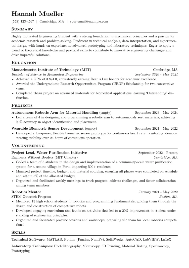 Engineering Student Resume Example CV template preview