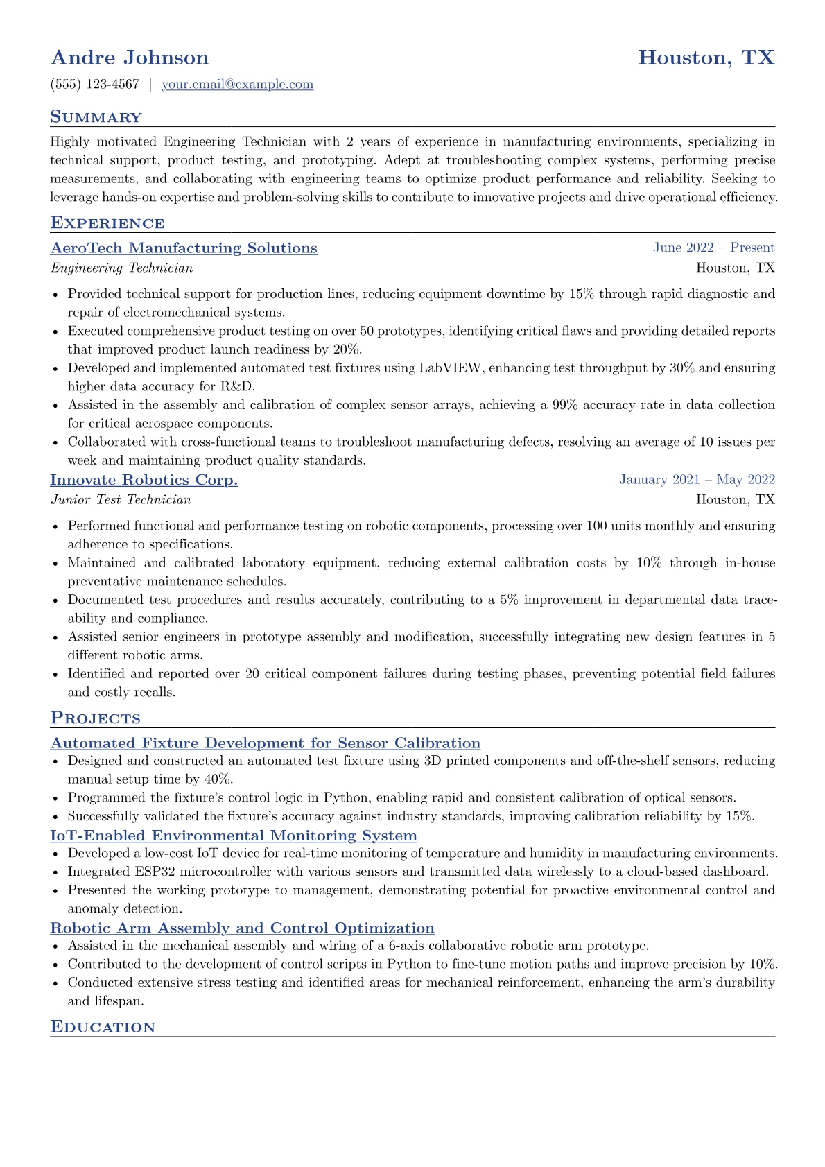 Engineering Technician Resume Example CV template - Page 1