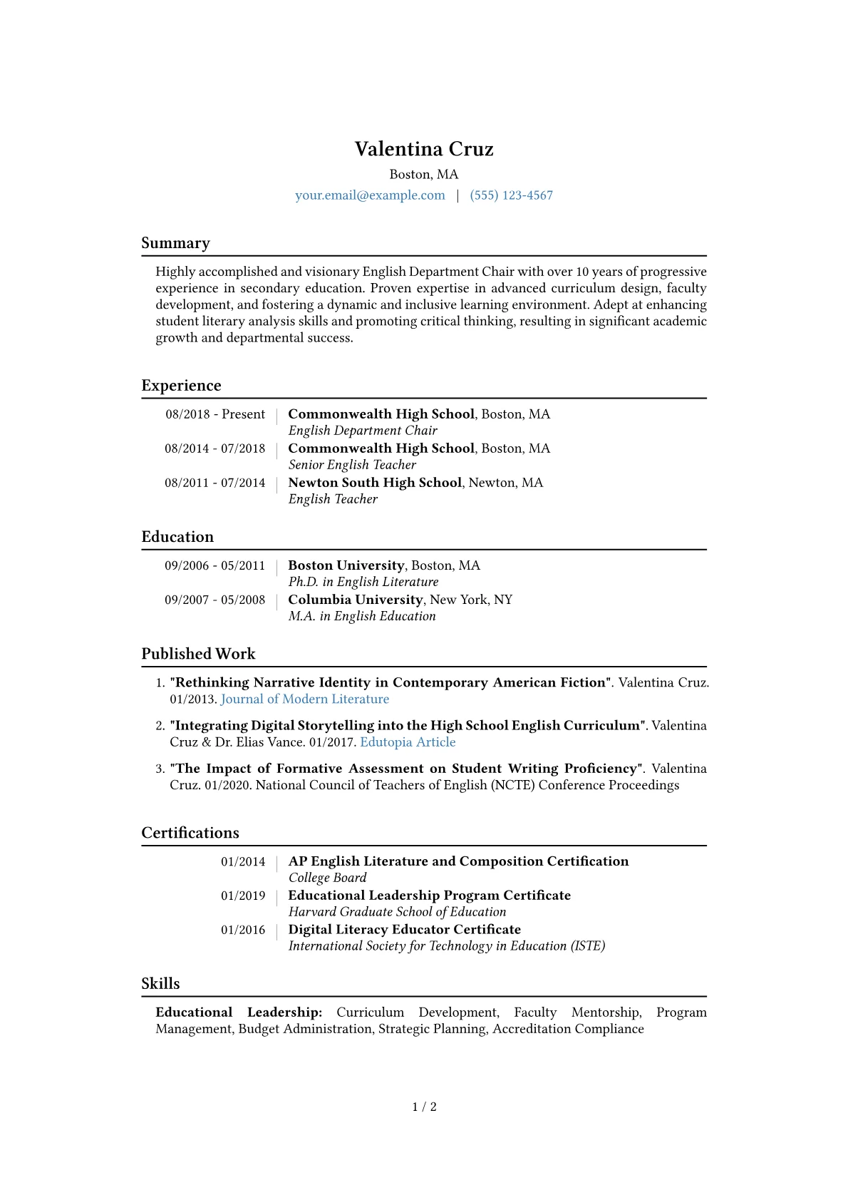 English Department Chair Resume Example CV template - Page 1
