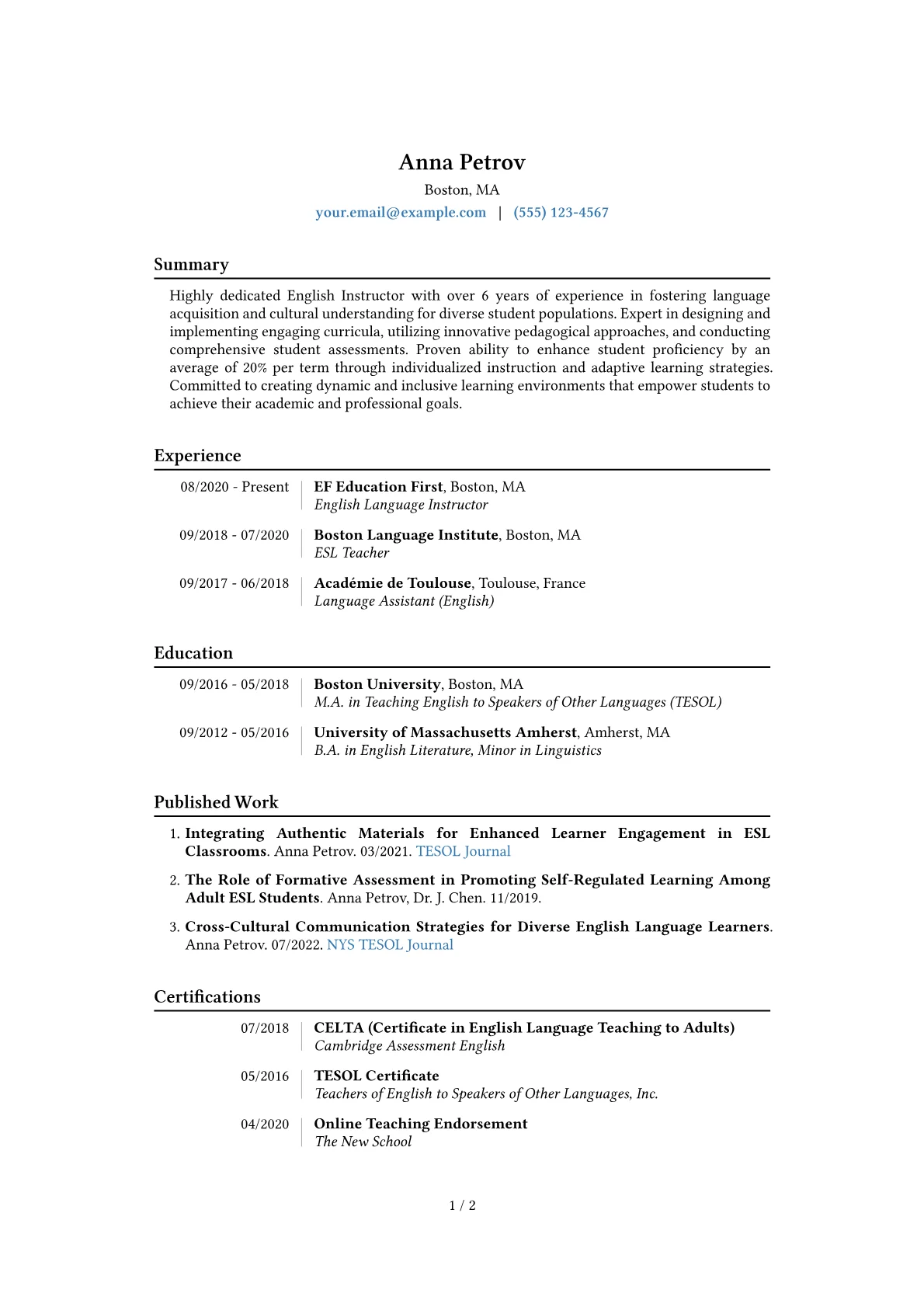 English Instructor Resume Example CV template - Page 1