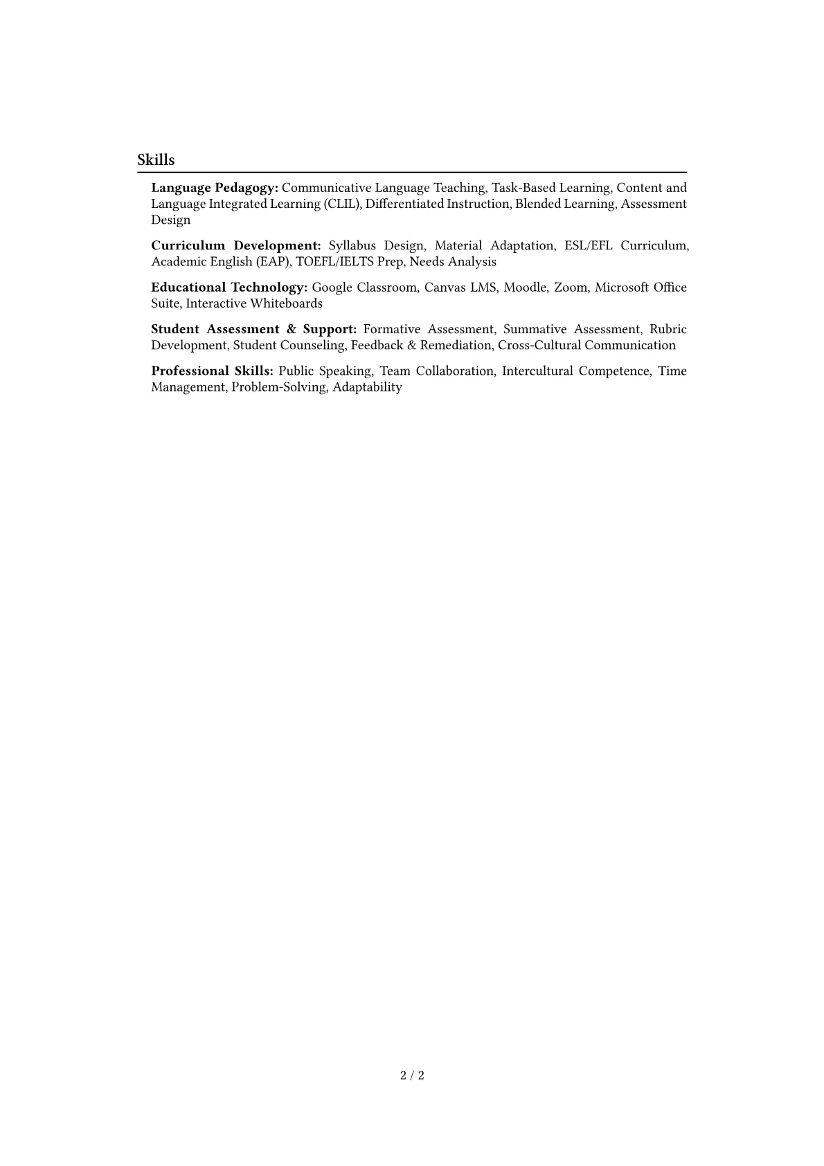 English Instructor Resume Example CV template - Page 2