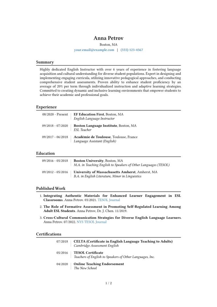 English Instructor Resume Example CV template preview