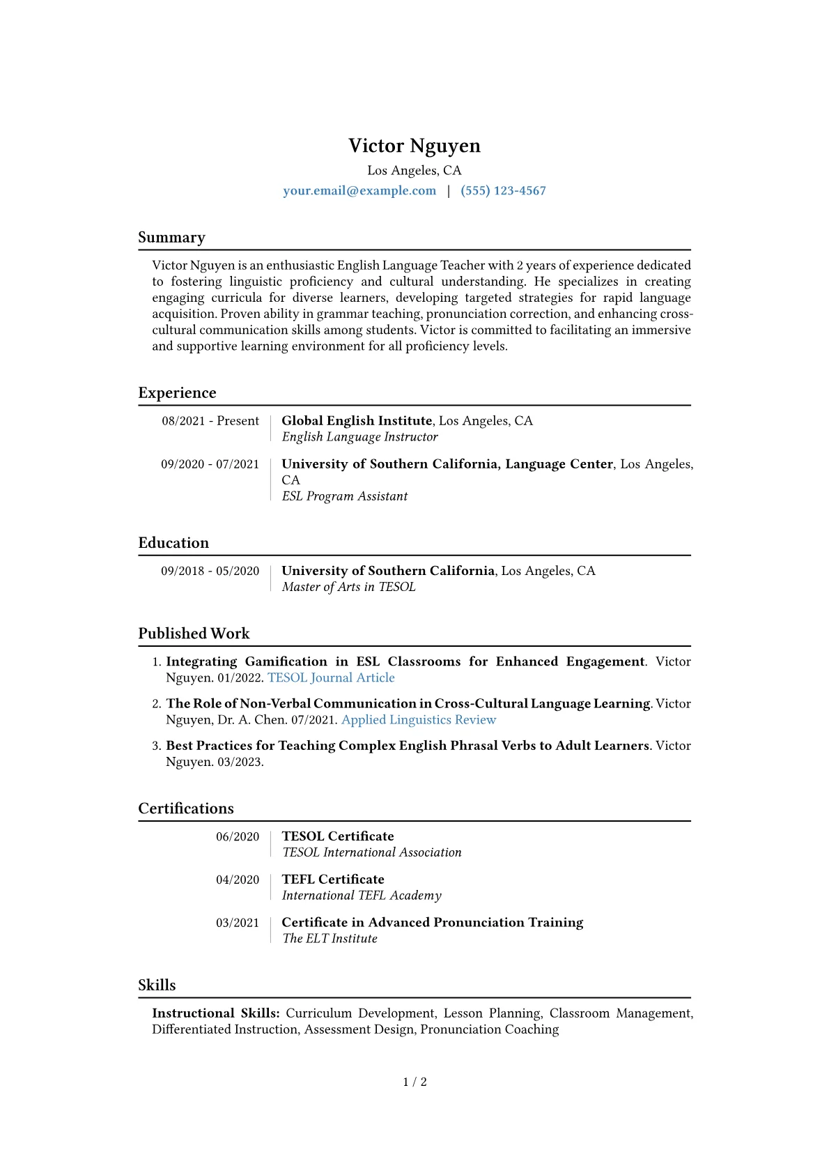 English Language Teacher Resume Example CV template - Page 1
