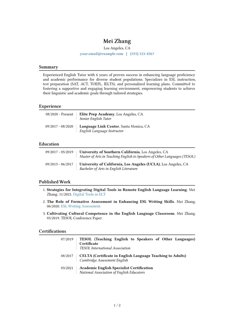 English Tutor Resume Example CV template preview