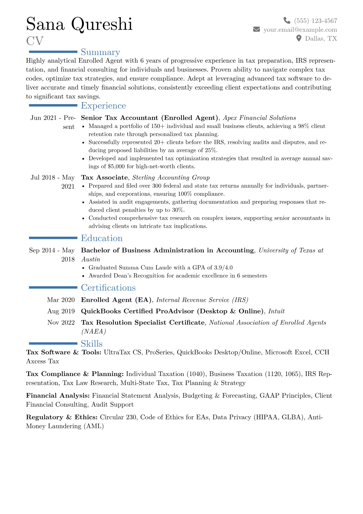 Enrolled Agent Resume Example CV template - Page 1