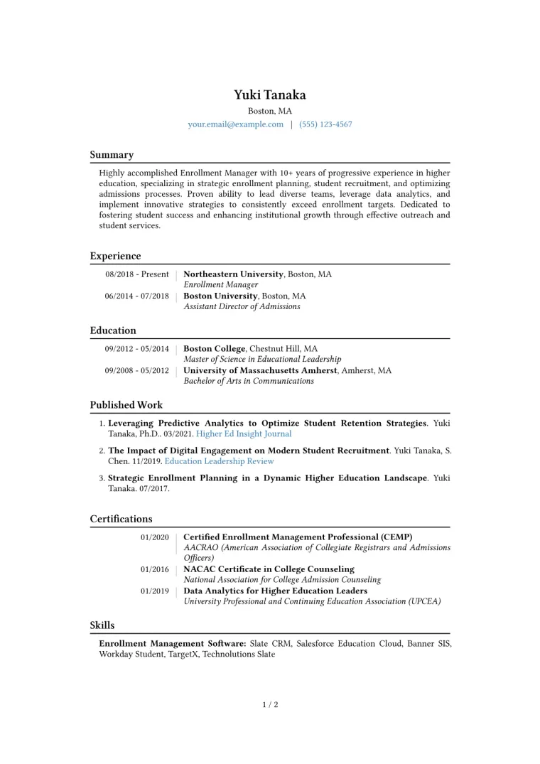 Enrollment Manager Resume Example CV template preview