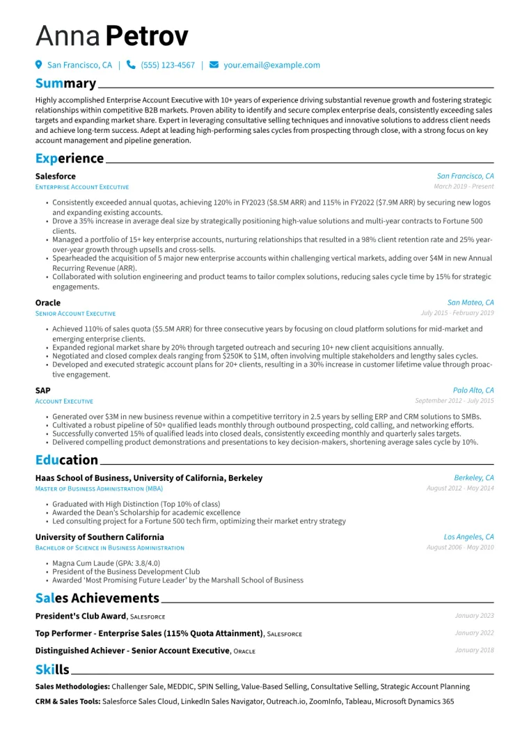 Enterprise Account Executive Resume Example CV template preview