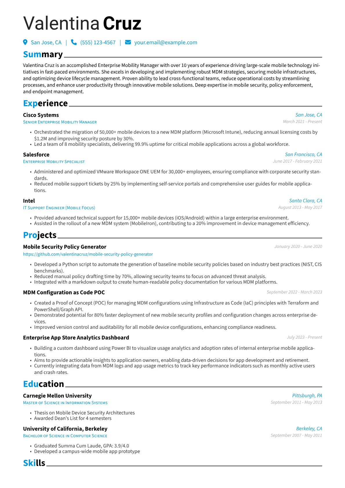 Enterprise Mobility Manager Resume Example CV template - Page 1