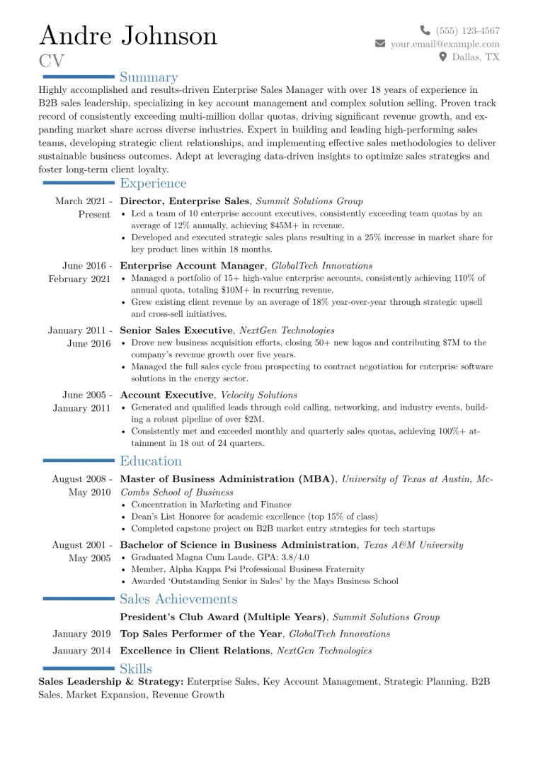 Enterprise Sales Manager Resume Example CV template preview