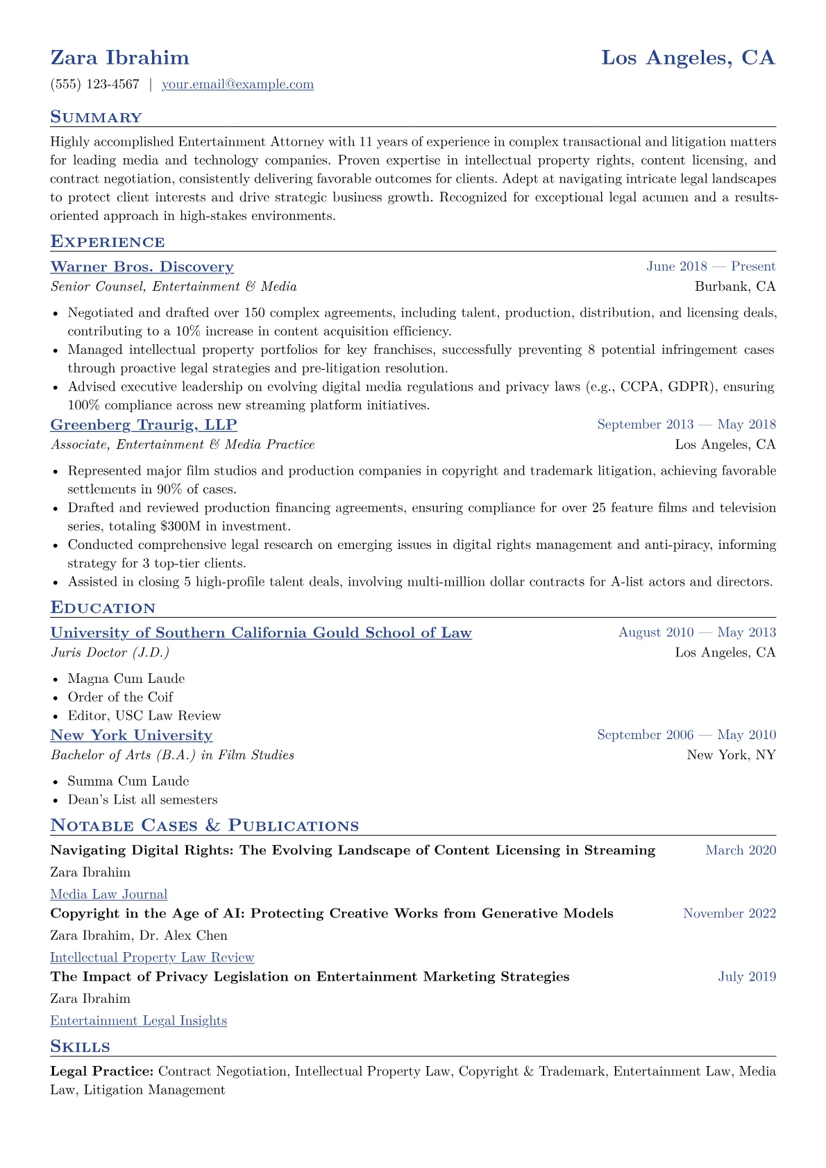 Entertainment Attorney Resume Example CV template - Page 1
