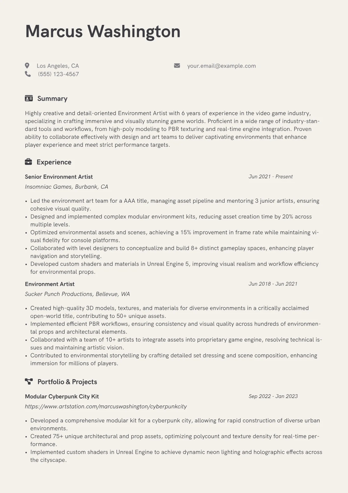 Environment Artist Resume Example CV template - Page 1