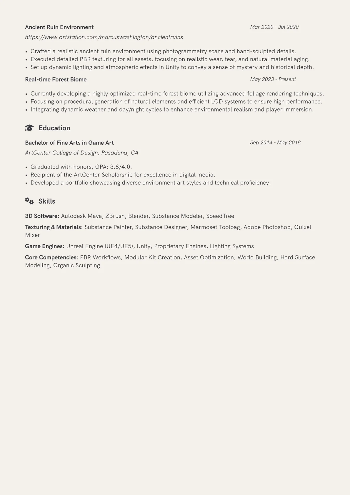 Environment Artist Resume Example CV template - Page 2
