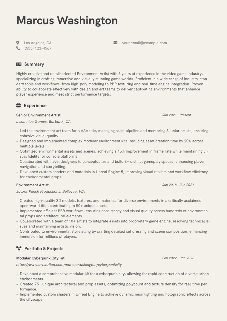 Environment Artist Resume Example CV template preview