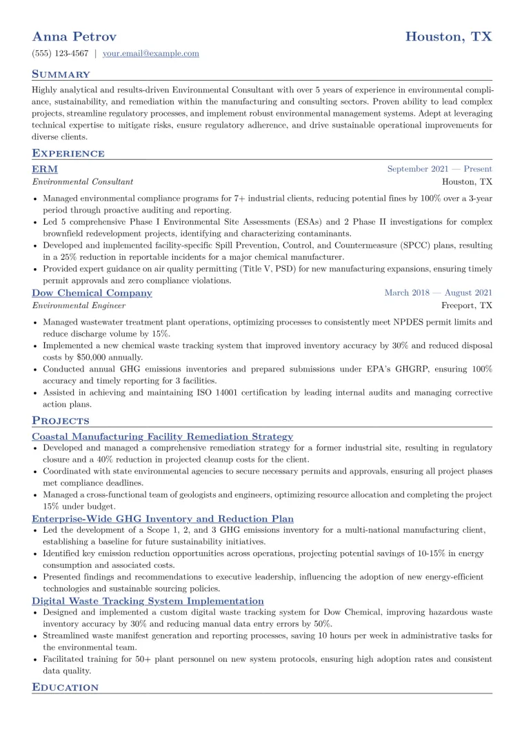 Environmental Consultant Resume Example CV template preview