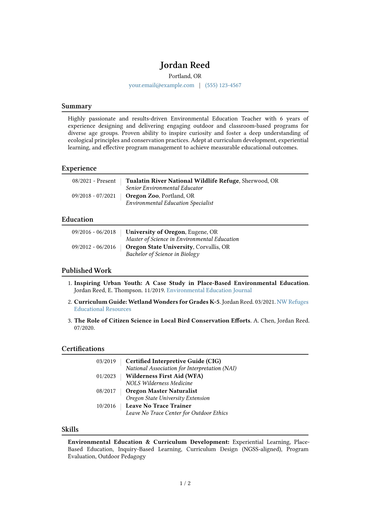 Environmental Education Teacher Resume Example CV template - Page 1