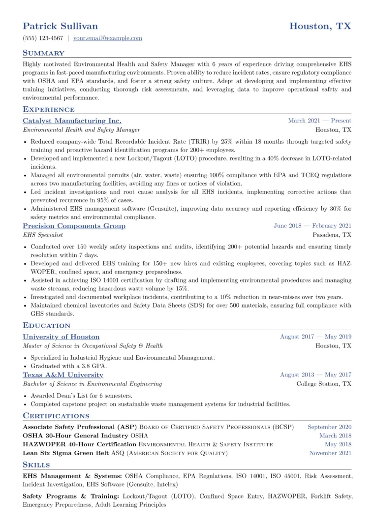 Environmental Health and Safety Manager Resume Example CV template preview