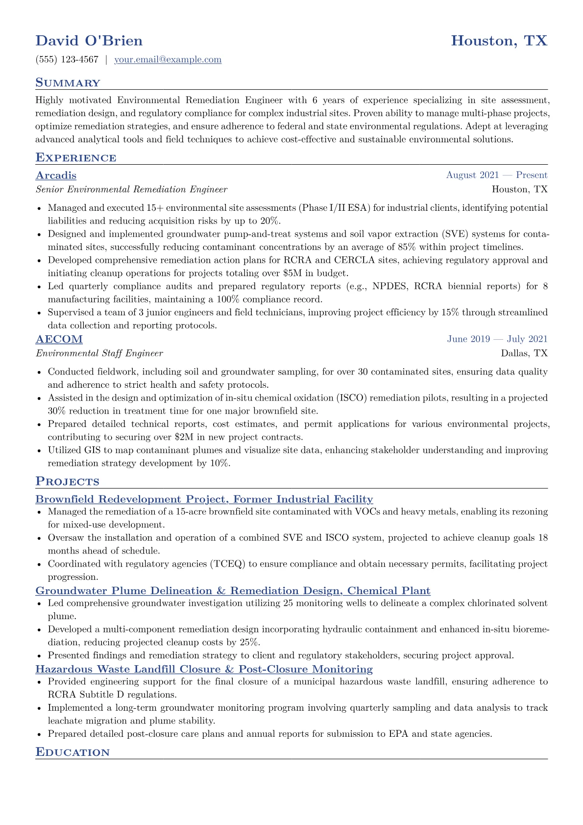 Environmental Remediation Engineer Resume Example CV template - Page 1