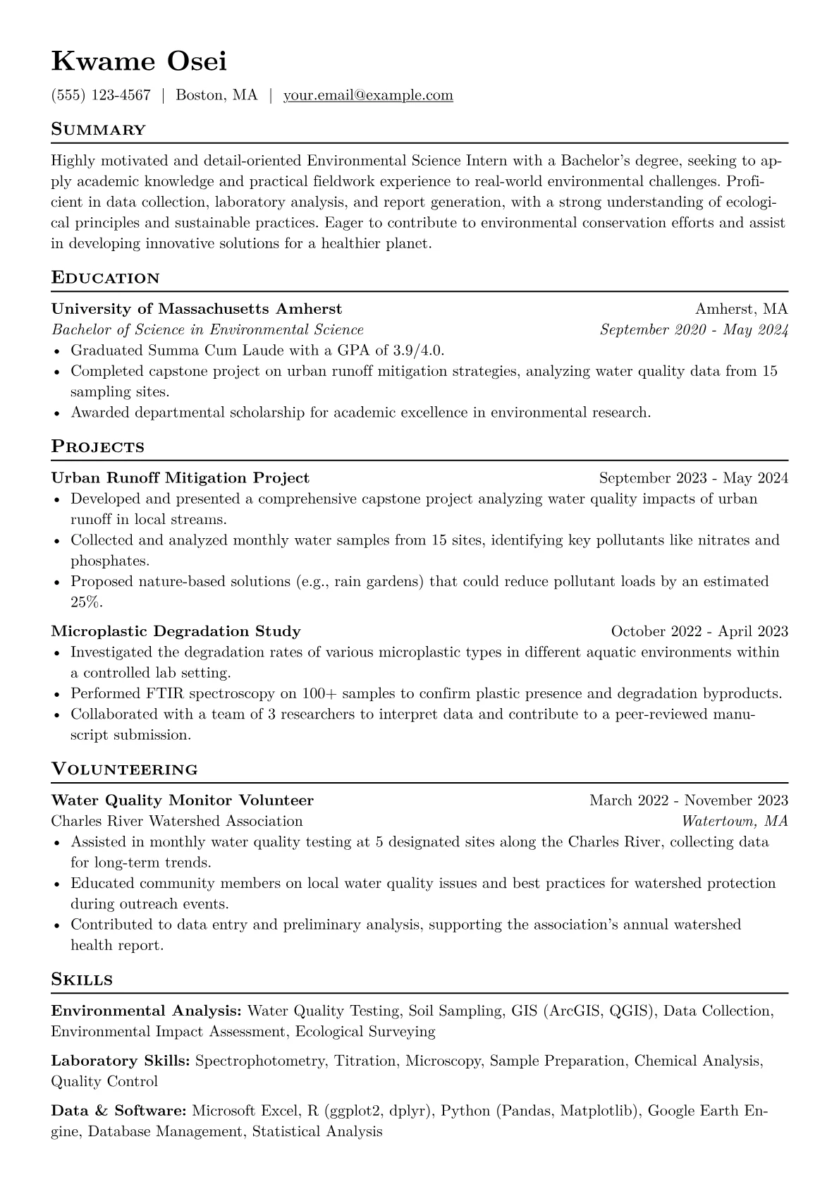 Environmental Science Intern Resume Example CV template - Page 1