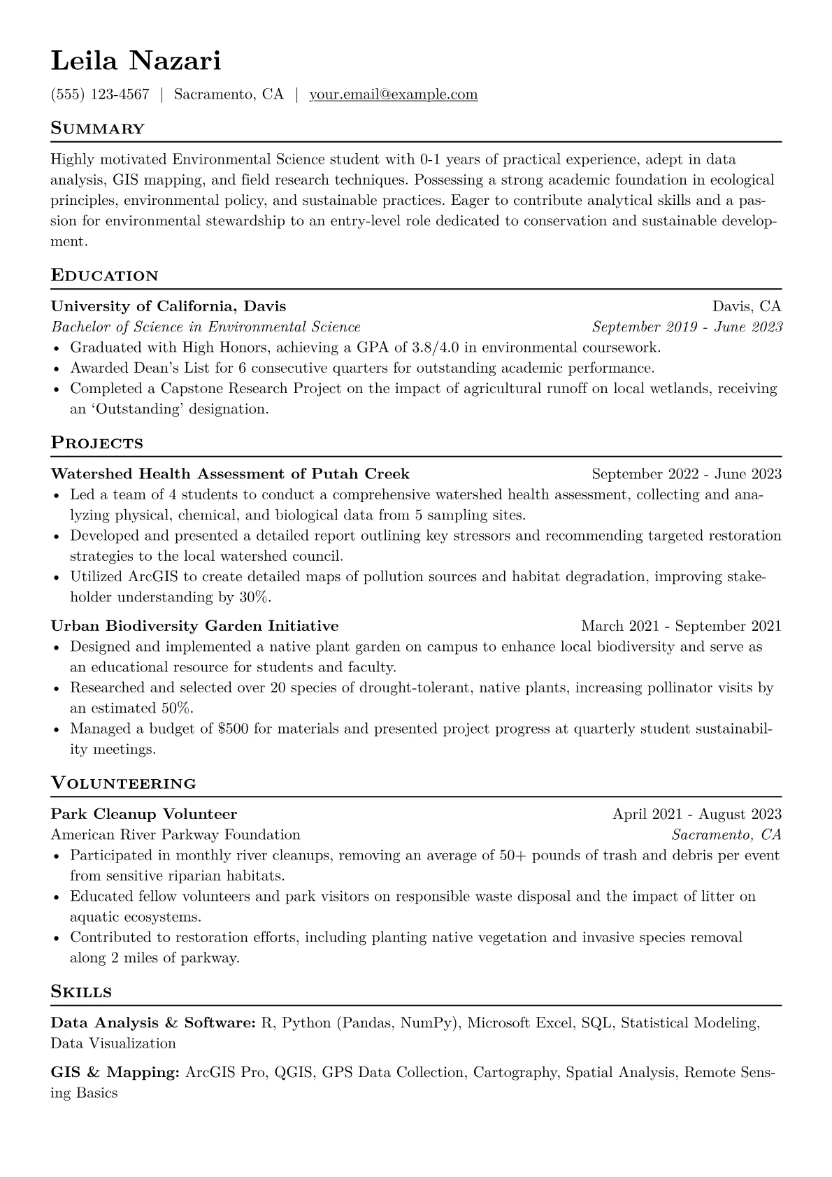Environmental Science Student Resume Example CV template - Page 1