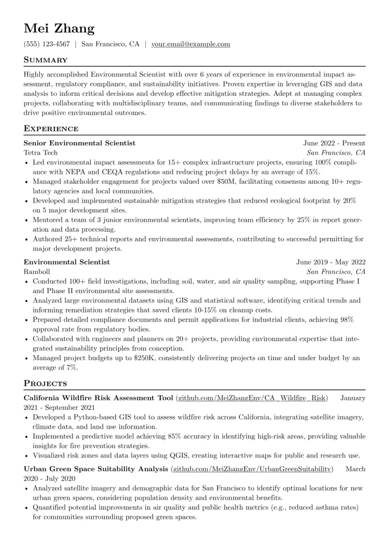 Environmental Scientist Resume Example CV template preview