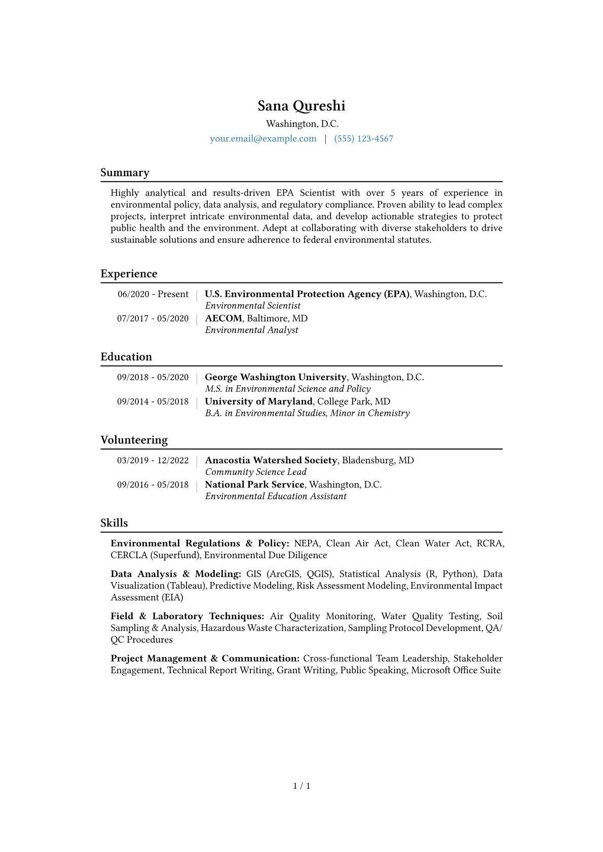 EPA Scientist Resume Example CV template - Page 1