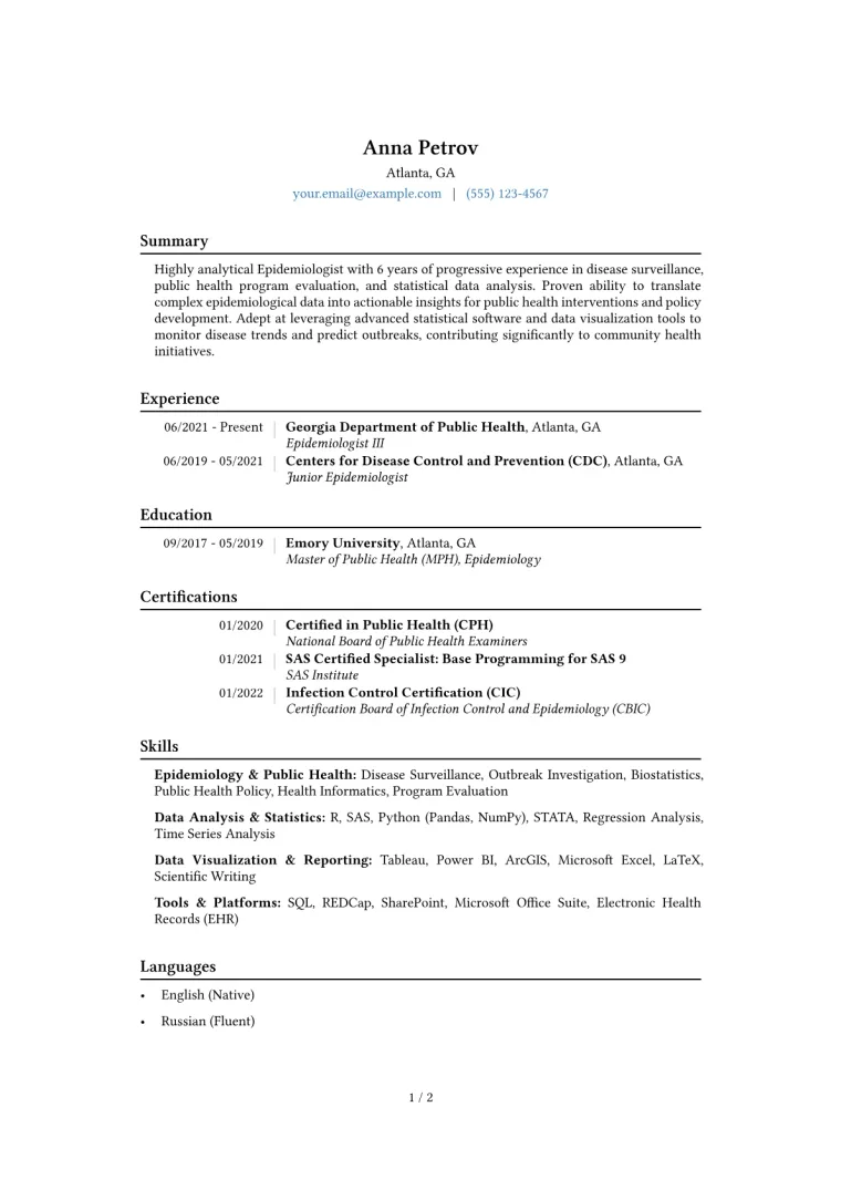 Epidemiologist Resume Example CV template preview