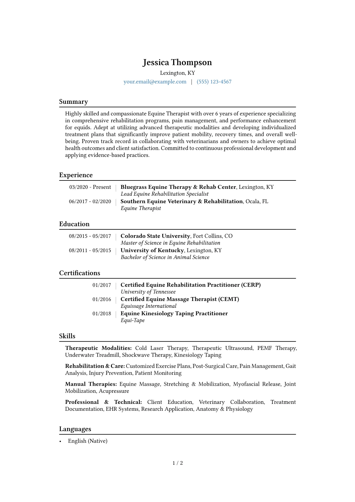 Equine Therapist Resume Example CV template - Page 1