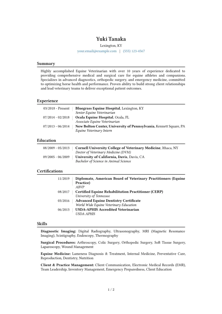 Equine Veterinarian Resume Example CV template preview