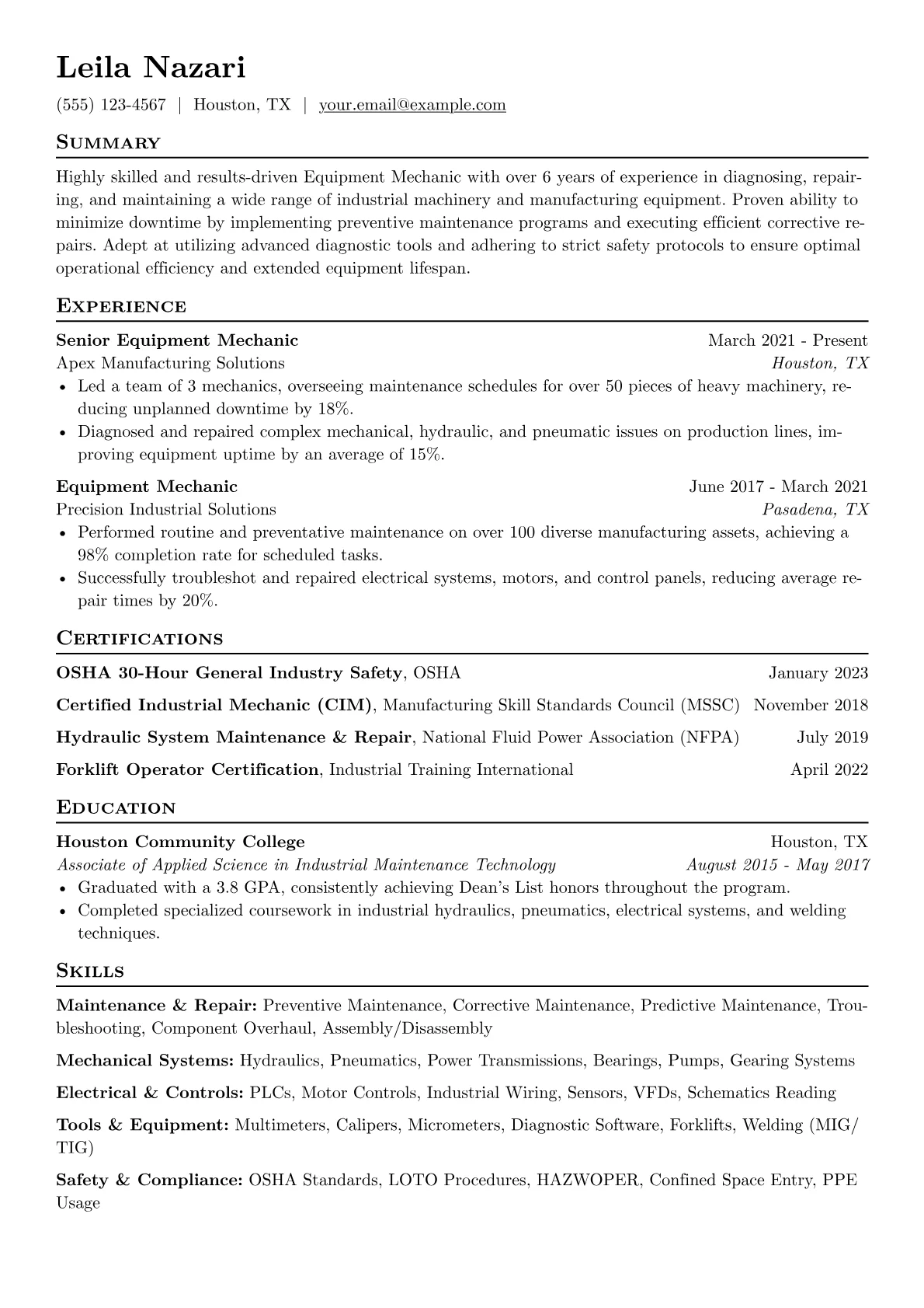 Equipment Mechanic Resume Example CV template - Page 1
