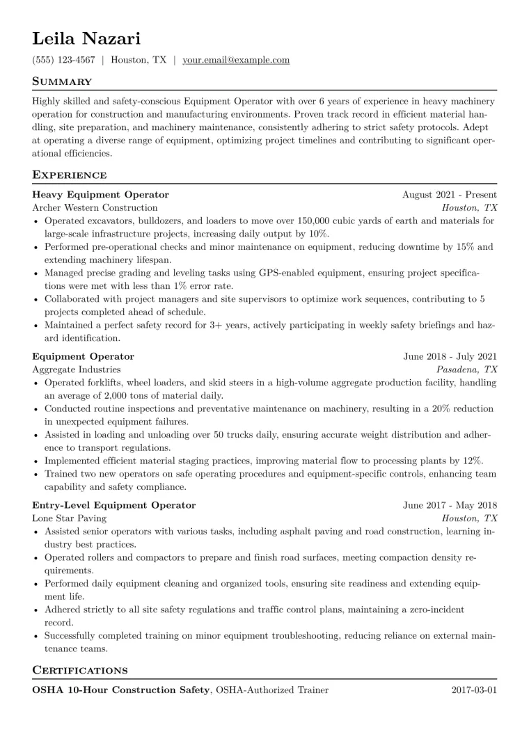 Equipment Operator Resume Example