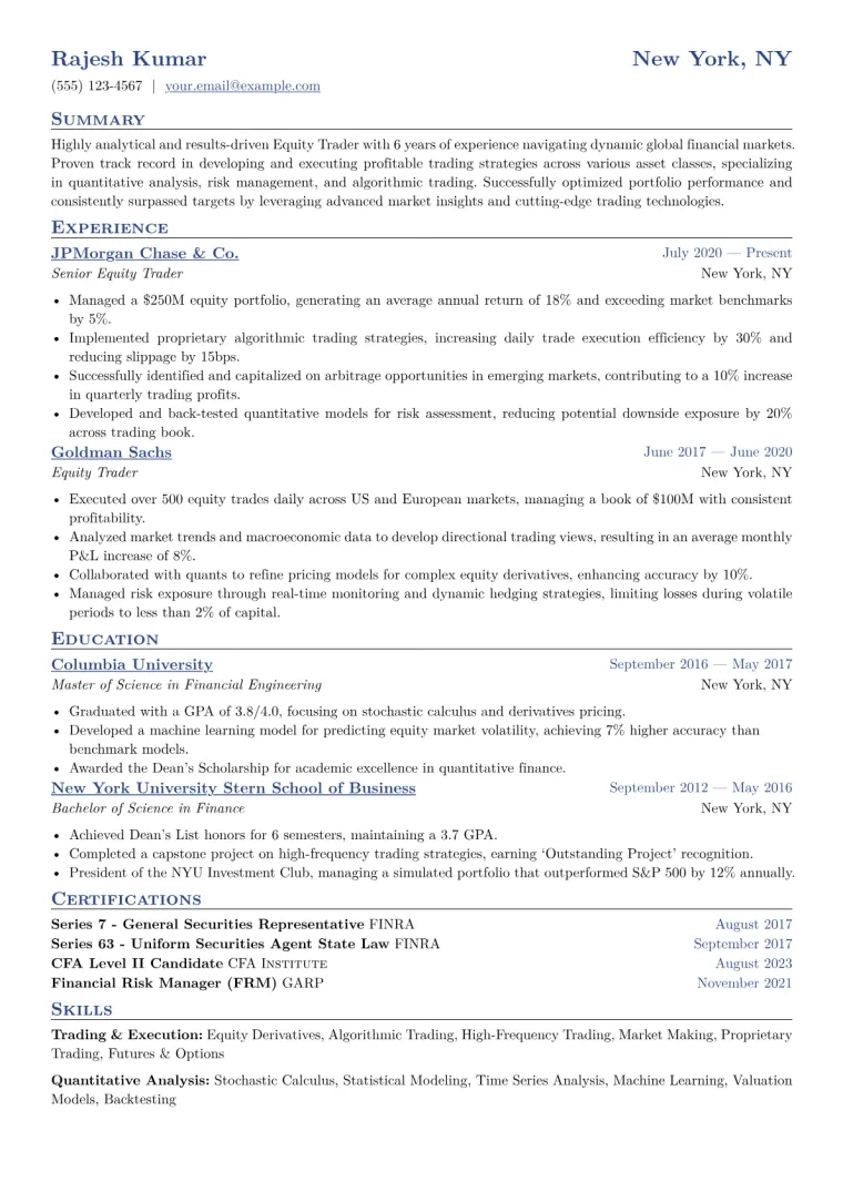 Equity Trader Resume Example CV template preview