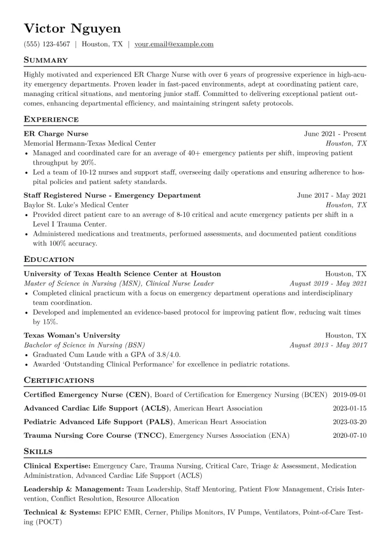 ER Charge Nurse Resume Example CV template preview