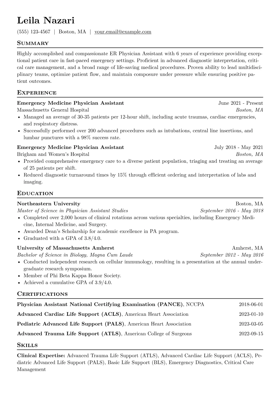 ER Physician Assistant Resume Example CV template - Page 1
