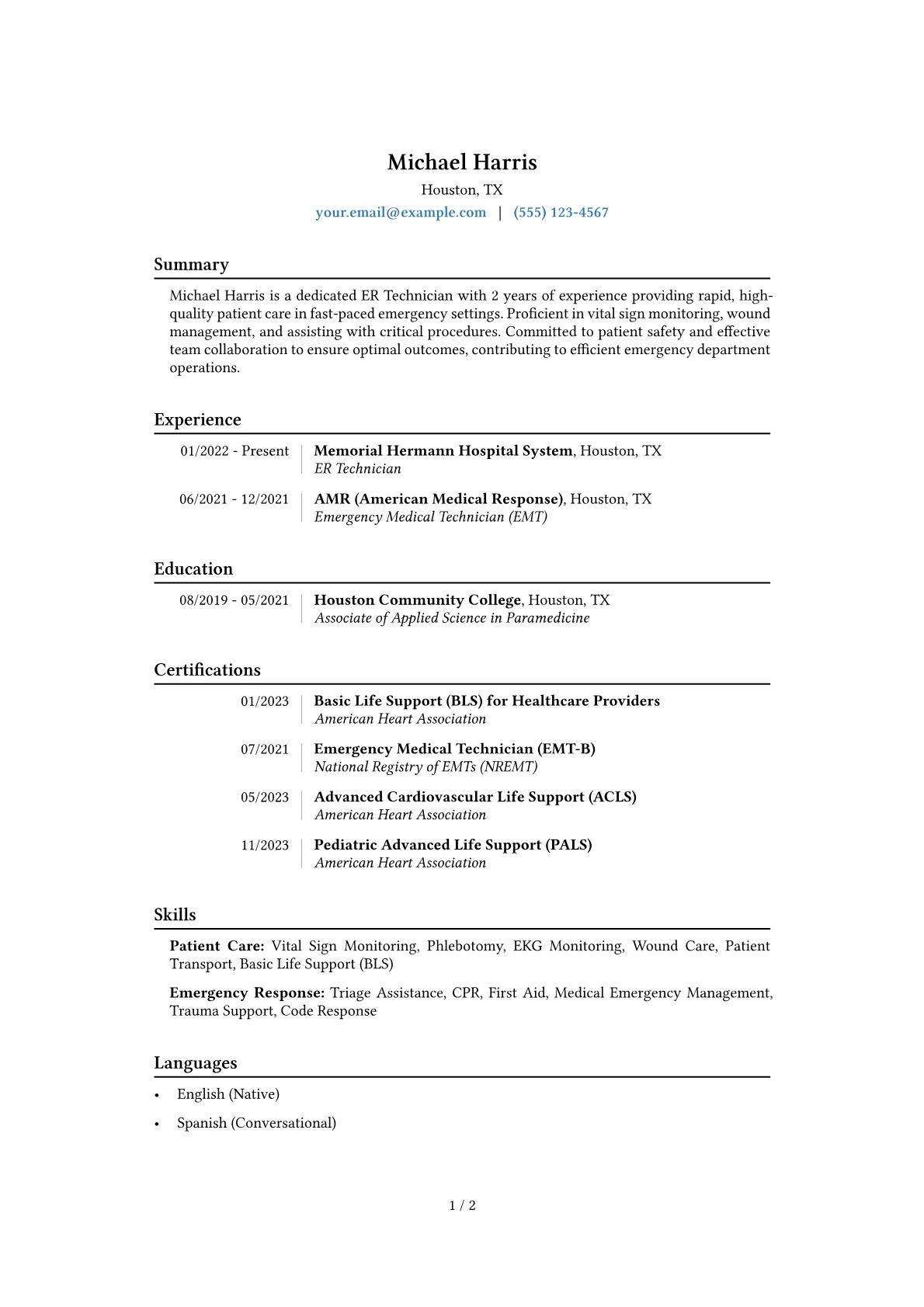 ER Technician Resume Example CV template - Page 1