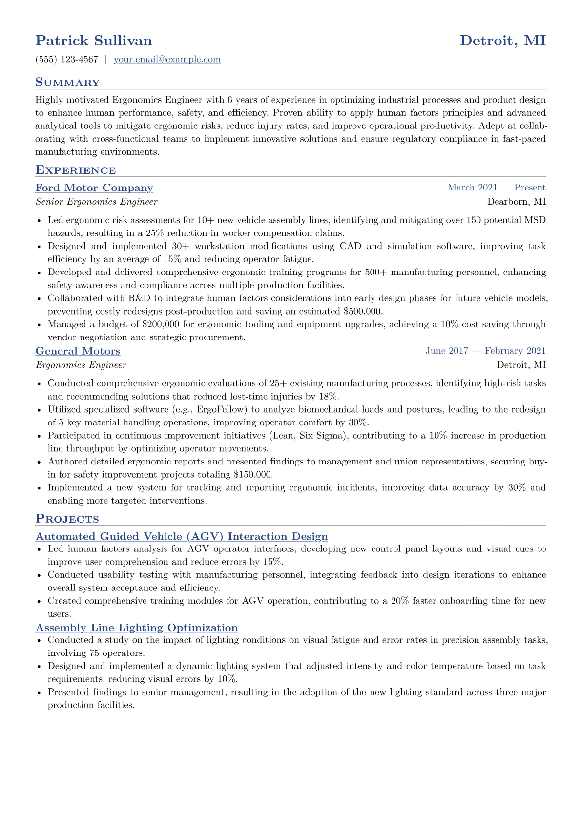 Ergonomics Engineer Resume Example CV template - Page 1