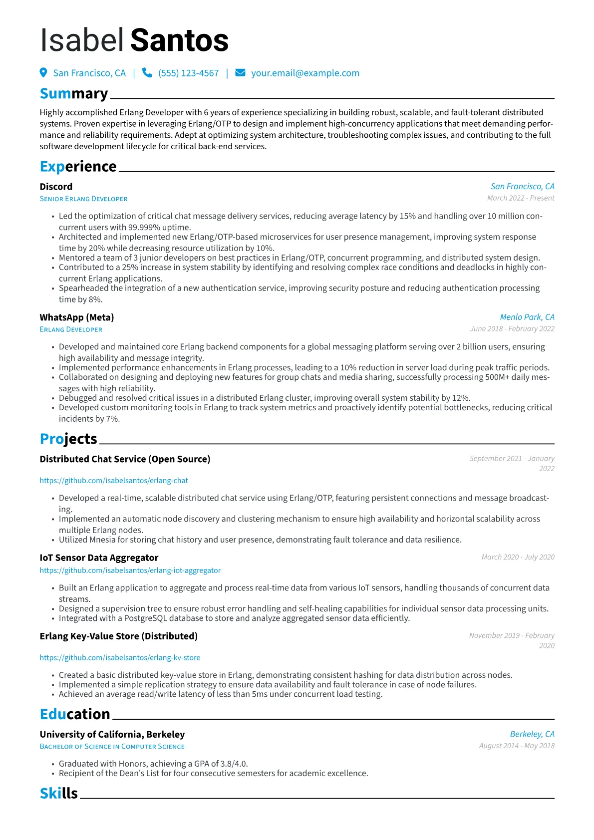 Erlang Developer Resume Example CV template - Page 1