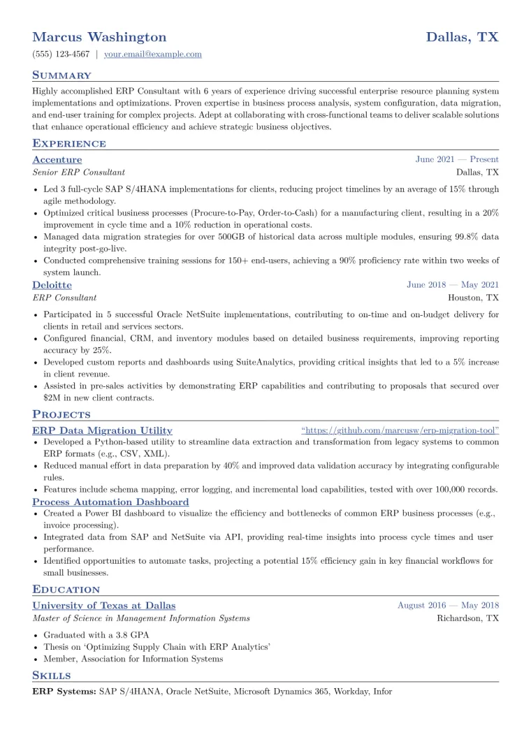 ERP Consultant Resume Example CV template preview
