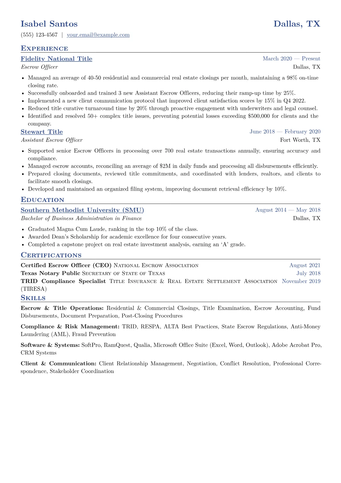 Escrow Officer Resume Example CV template - Page 1