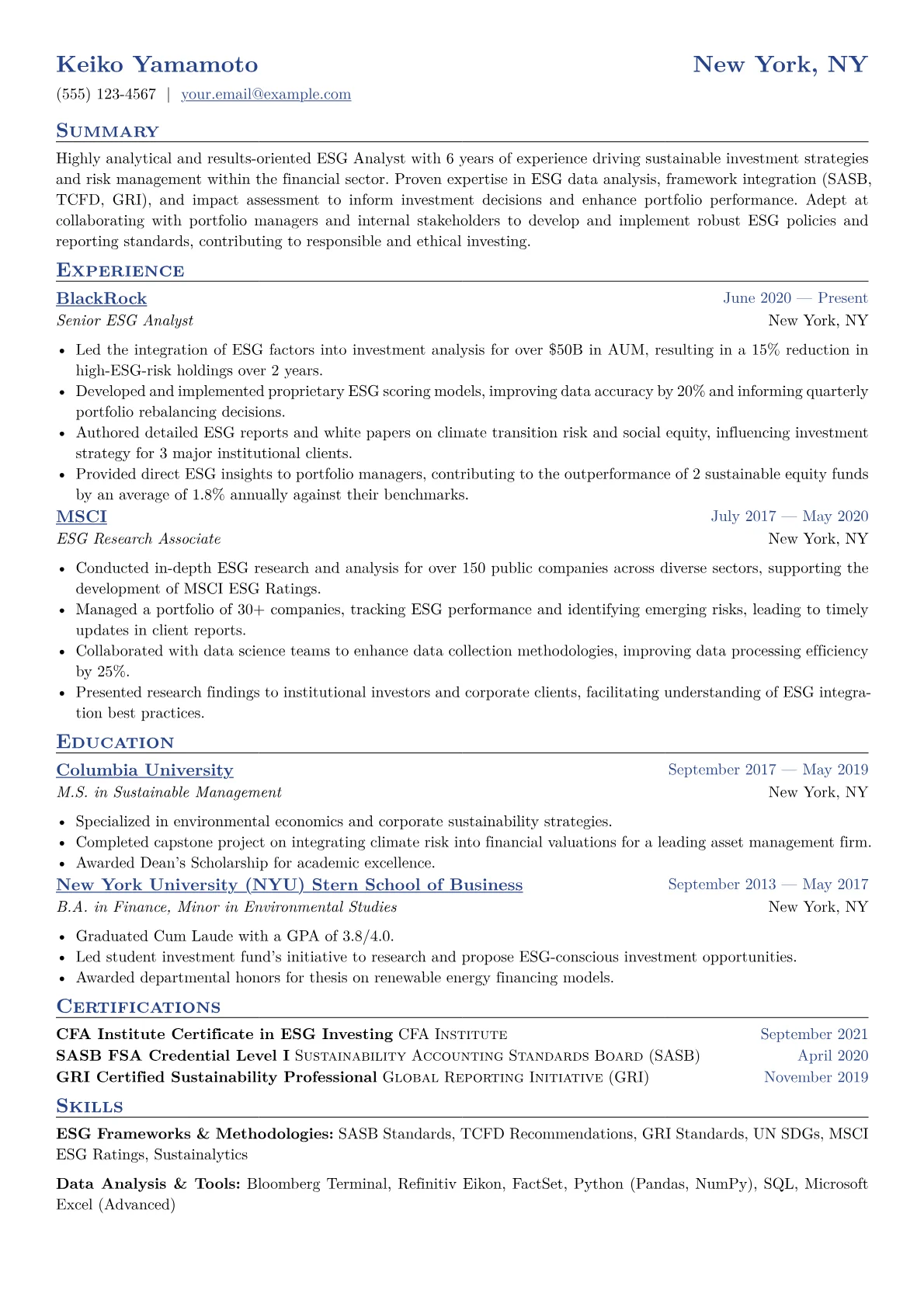 ESG Analyst Resume Example CV template - Page 1