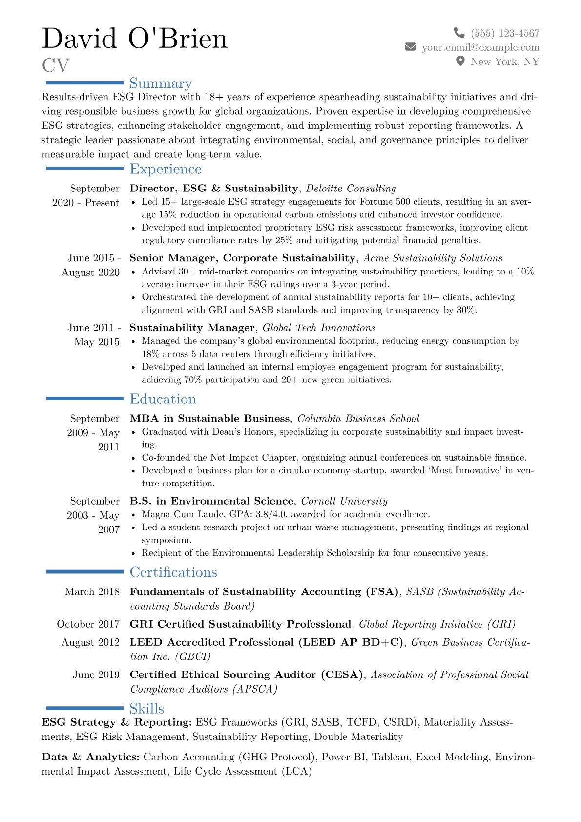 ESG Director Resume Example CV template - Page 1