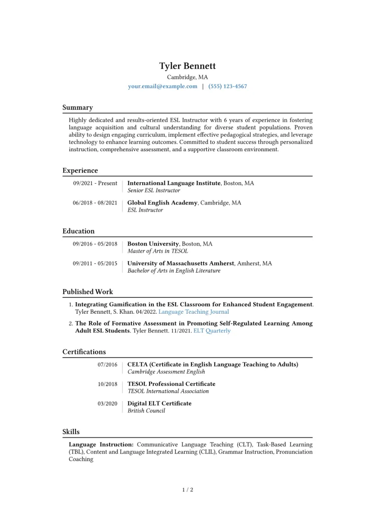 ESL Instructor Resume Example CV template preview