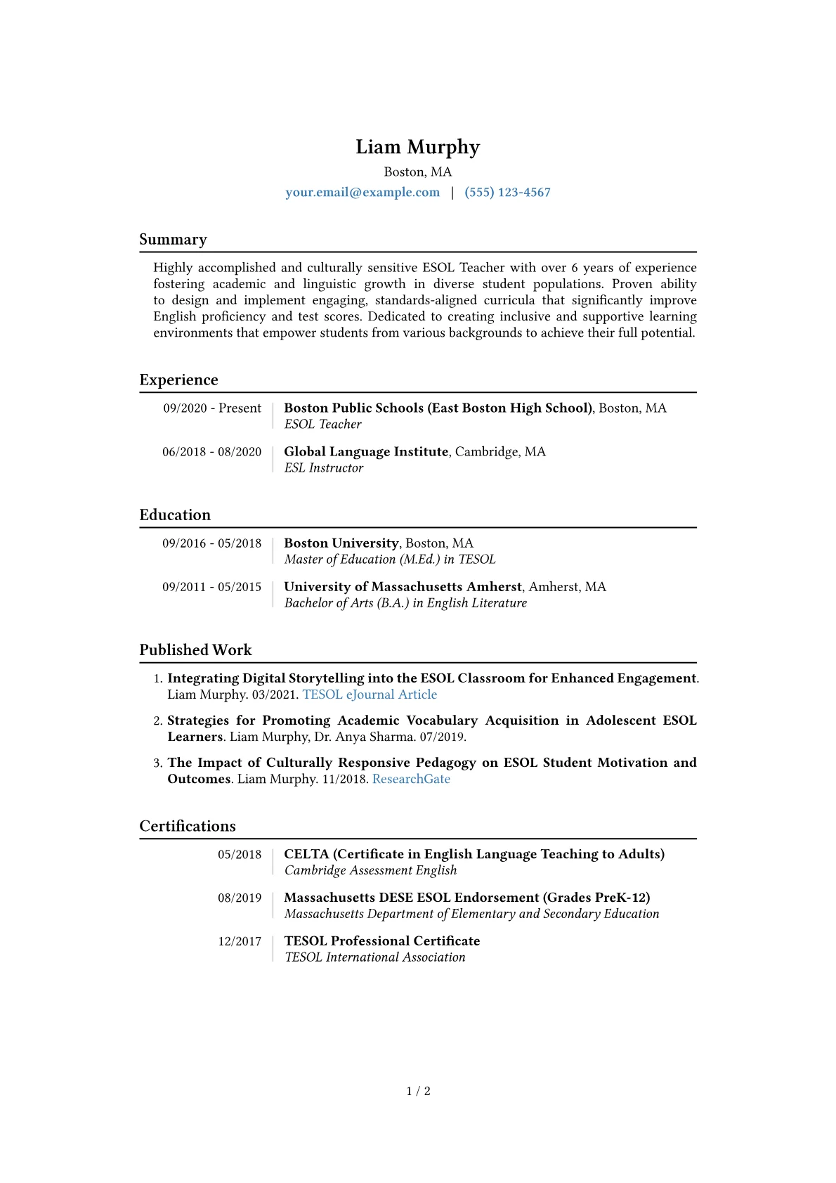 ESOL Teacher Resume Example CV template - Page 1