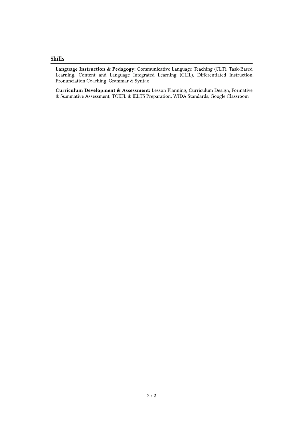 ESOL Teacher Resume Example CV template - Page 2