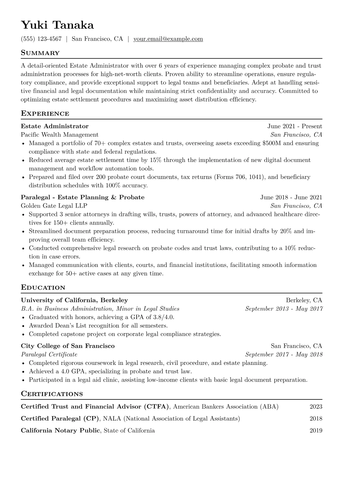 Estate Administrator Resume Example CV template - Page 1