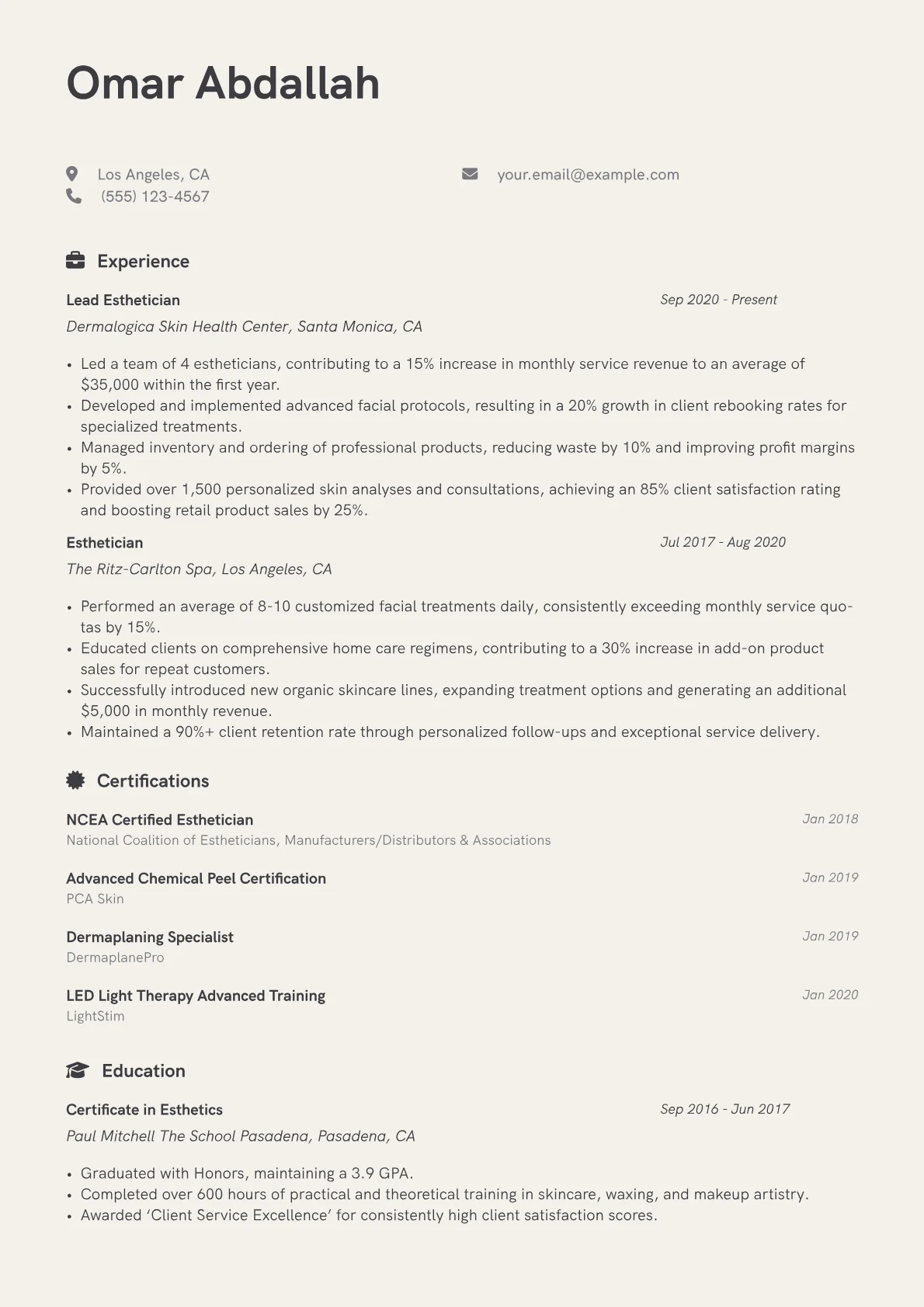 Esthetician Resume Example CV template - Page 1