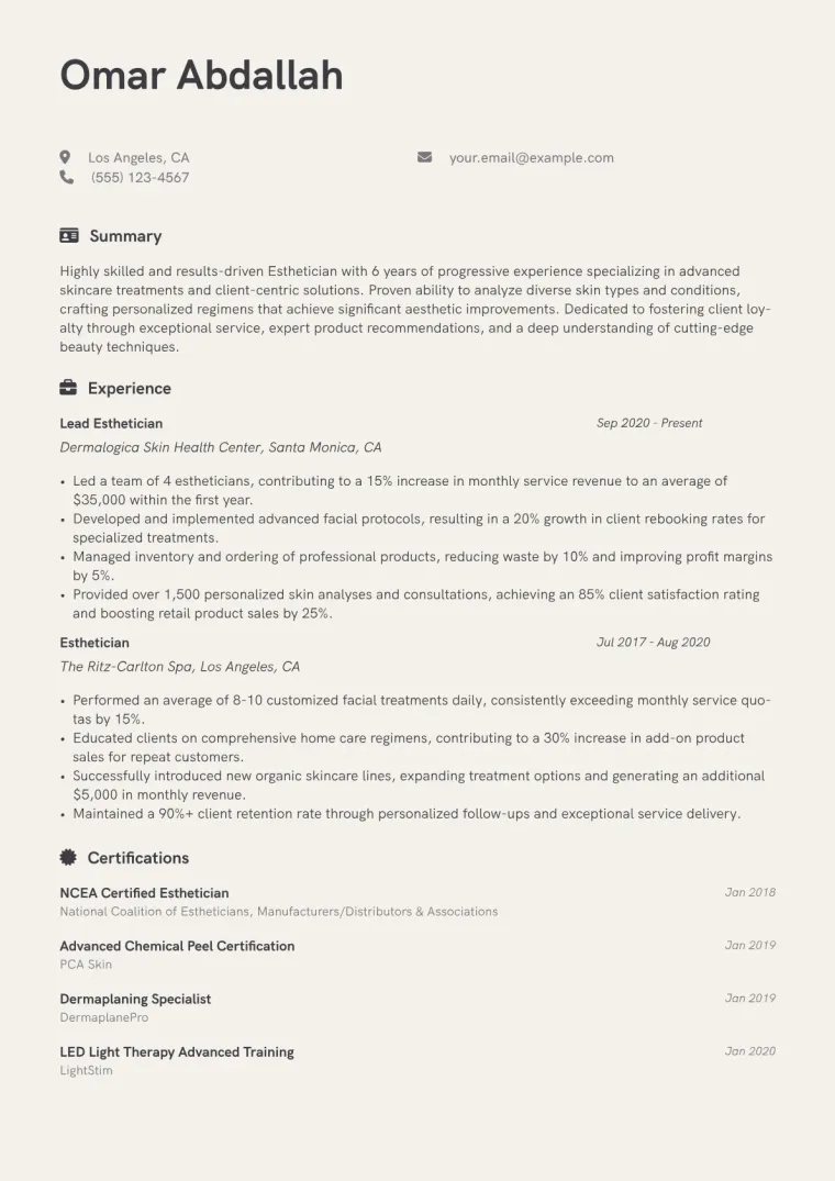 Esthetician Resume Example CV template preview